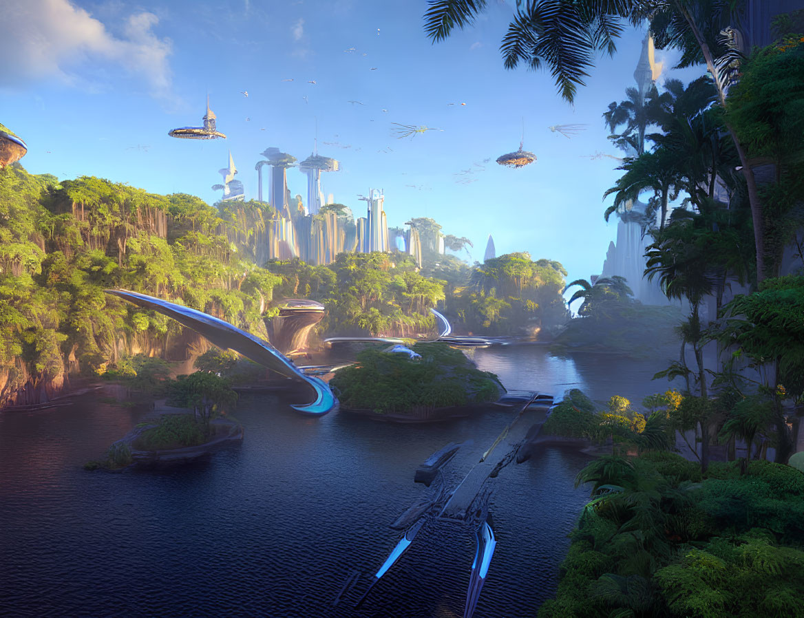 Futuristic cityscape with skyscrapers, lush greenery, waterfalls, river, and