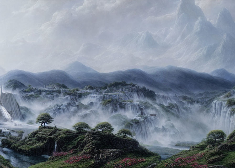 Tranquil landscape with cascading waterfalls, greenery, pink flora, and misty mountains