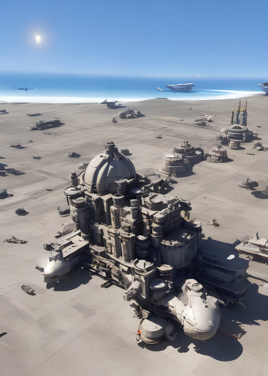 Futuristic military base with armored vehicles and aircraft by the coastline