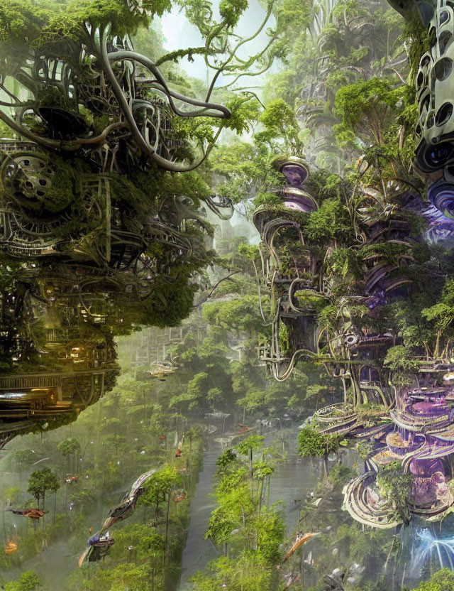 Futuristic jungle with organic structures and vibrant greenery