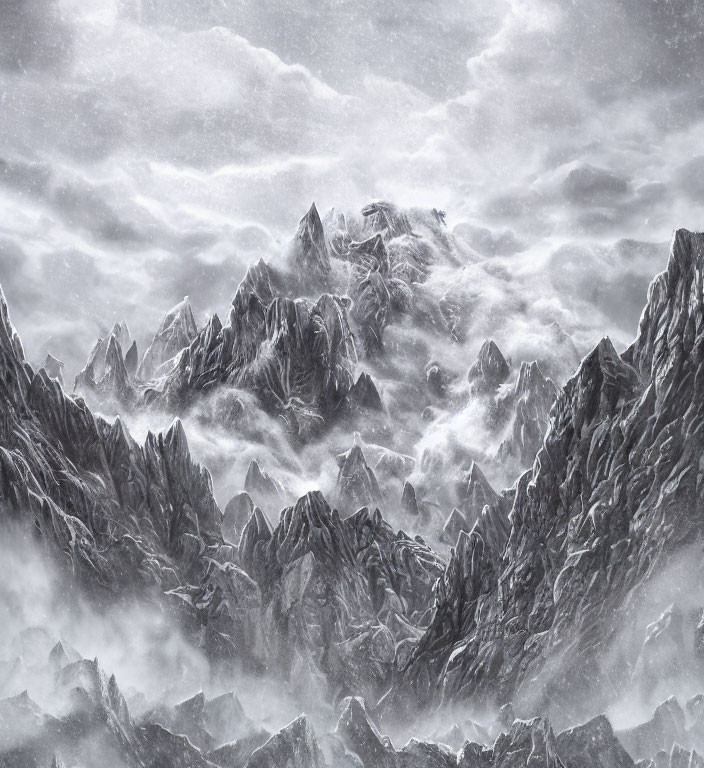 Snow-covered mountain peaks in monochrome with swirling clouds