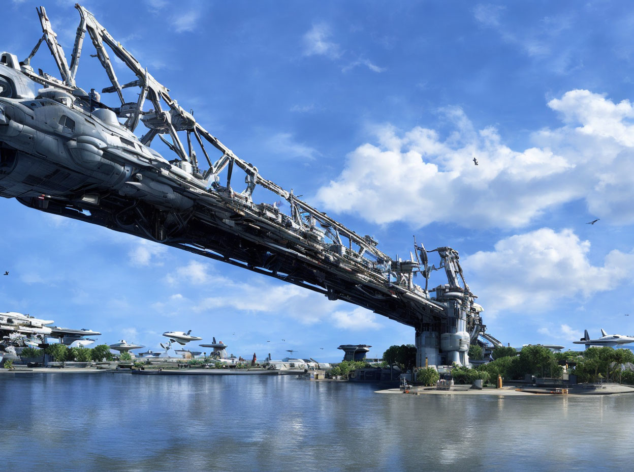 Futuristic bridge over water with sleek structures and flying vehicles in clear blue sky