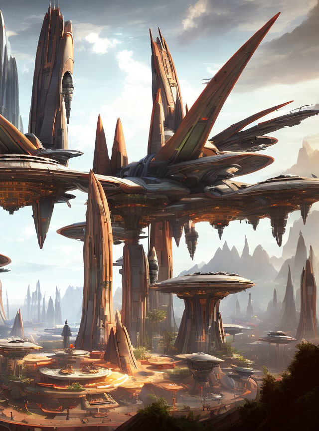 Futuristic cityscape with towering spires and rocky terrain