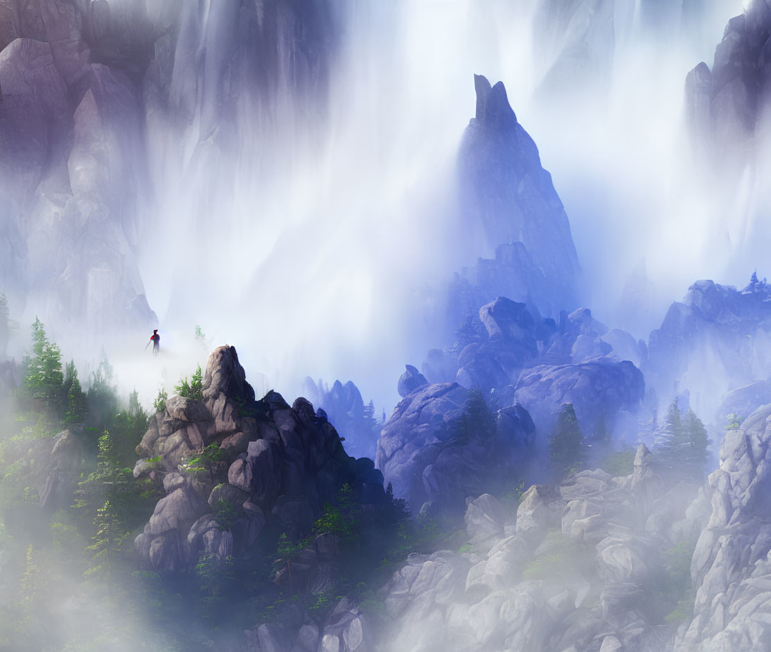 Person on Cliff Edge Surrounded by Misty Mountains, Rocks, Greenery, and Waterfall