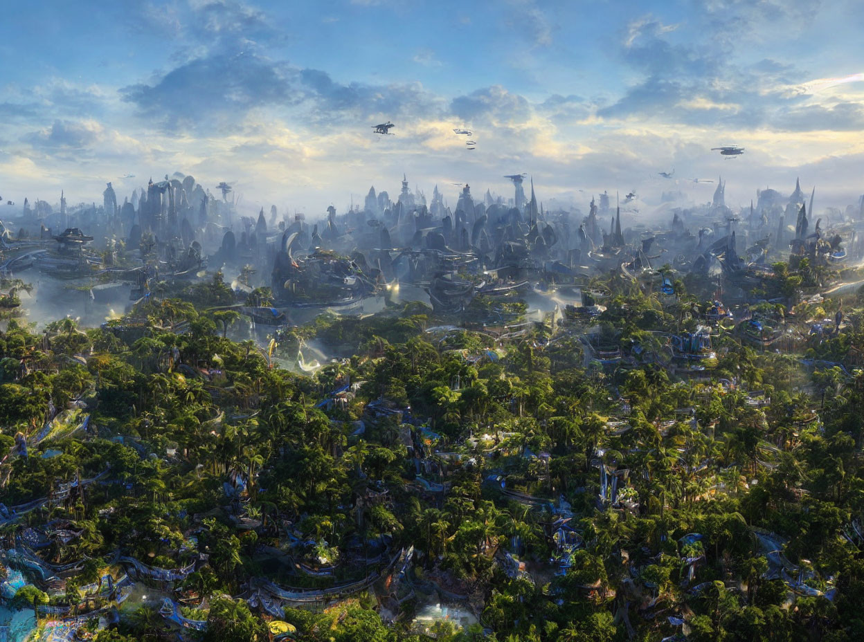 Futuristic cityscape with lush greenery, towering structures, flying vehicles, and vibrant sunrise-l