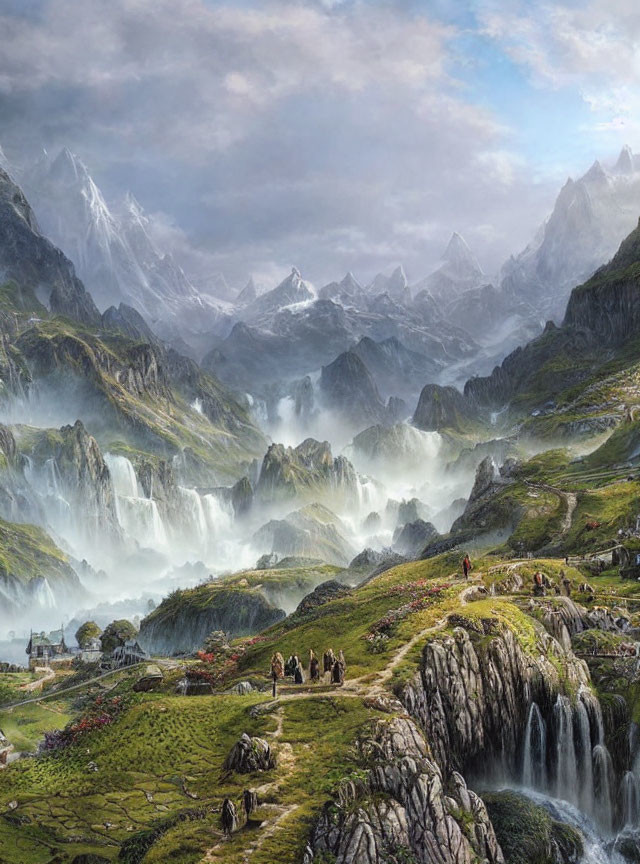 Majestic mountains, waterfalls, and a winding path in lush valley