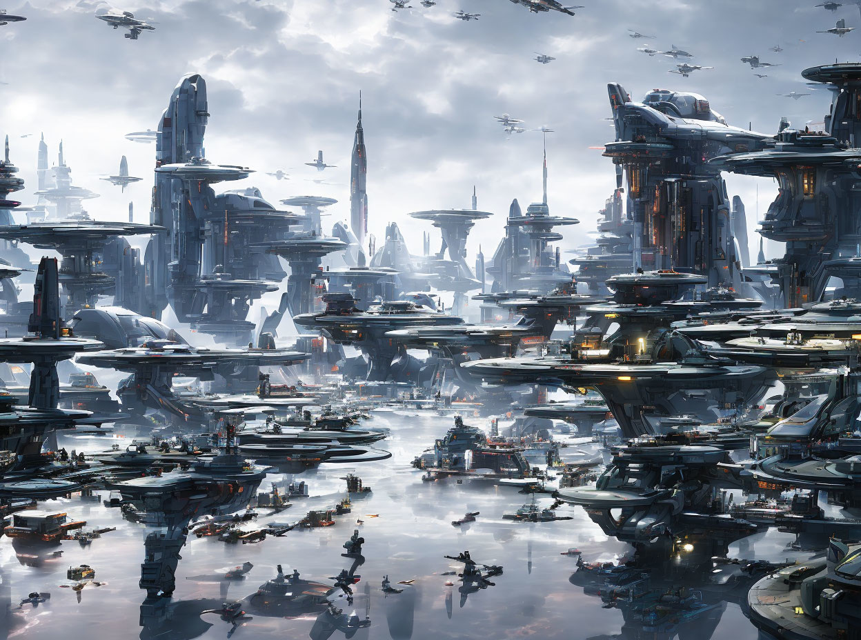 Futuristic cityscape with skyscrapers, flying vehicles, and water view