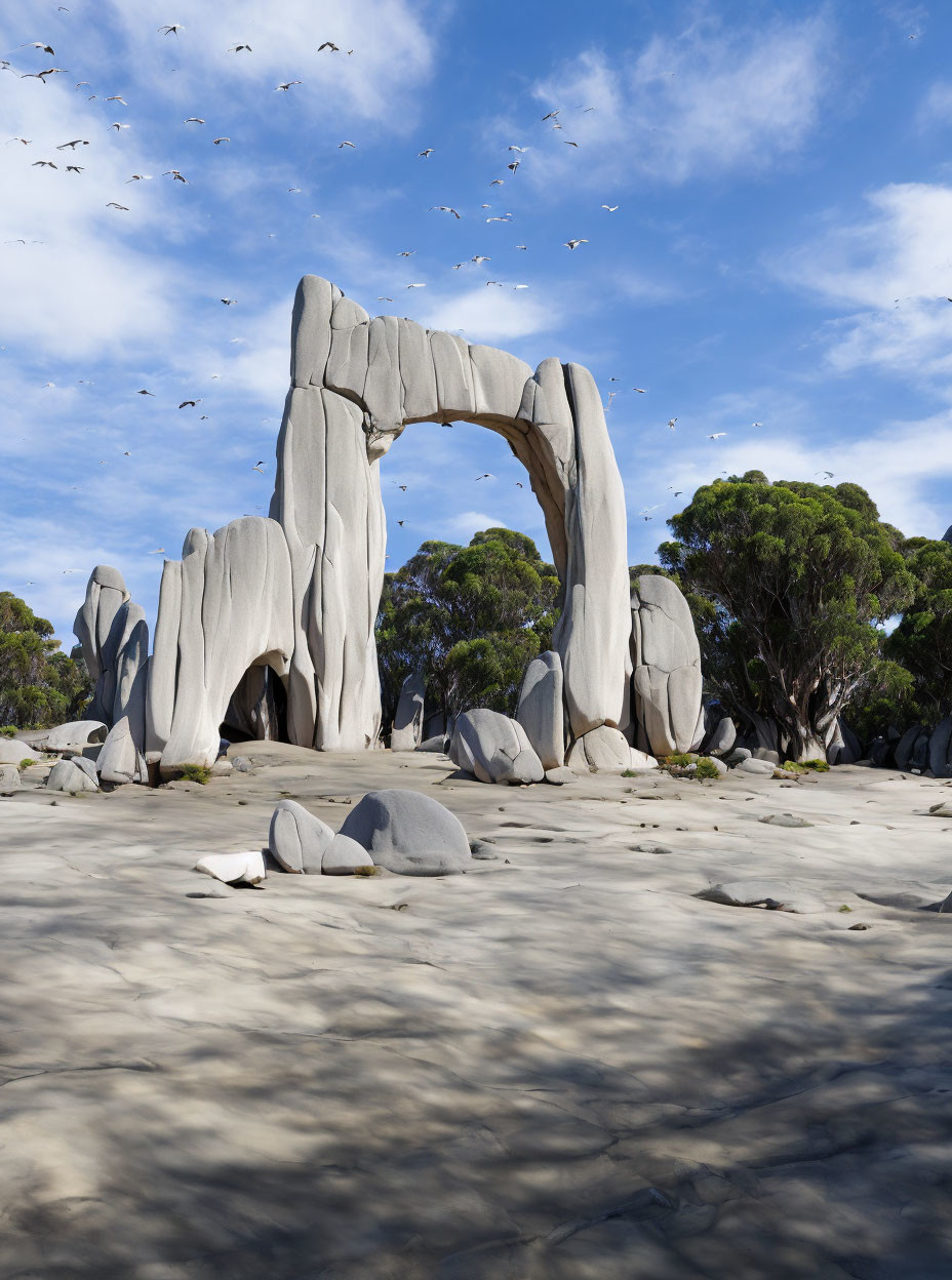 Prominent natural stone arch in green landscape