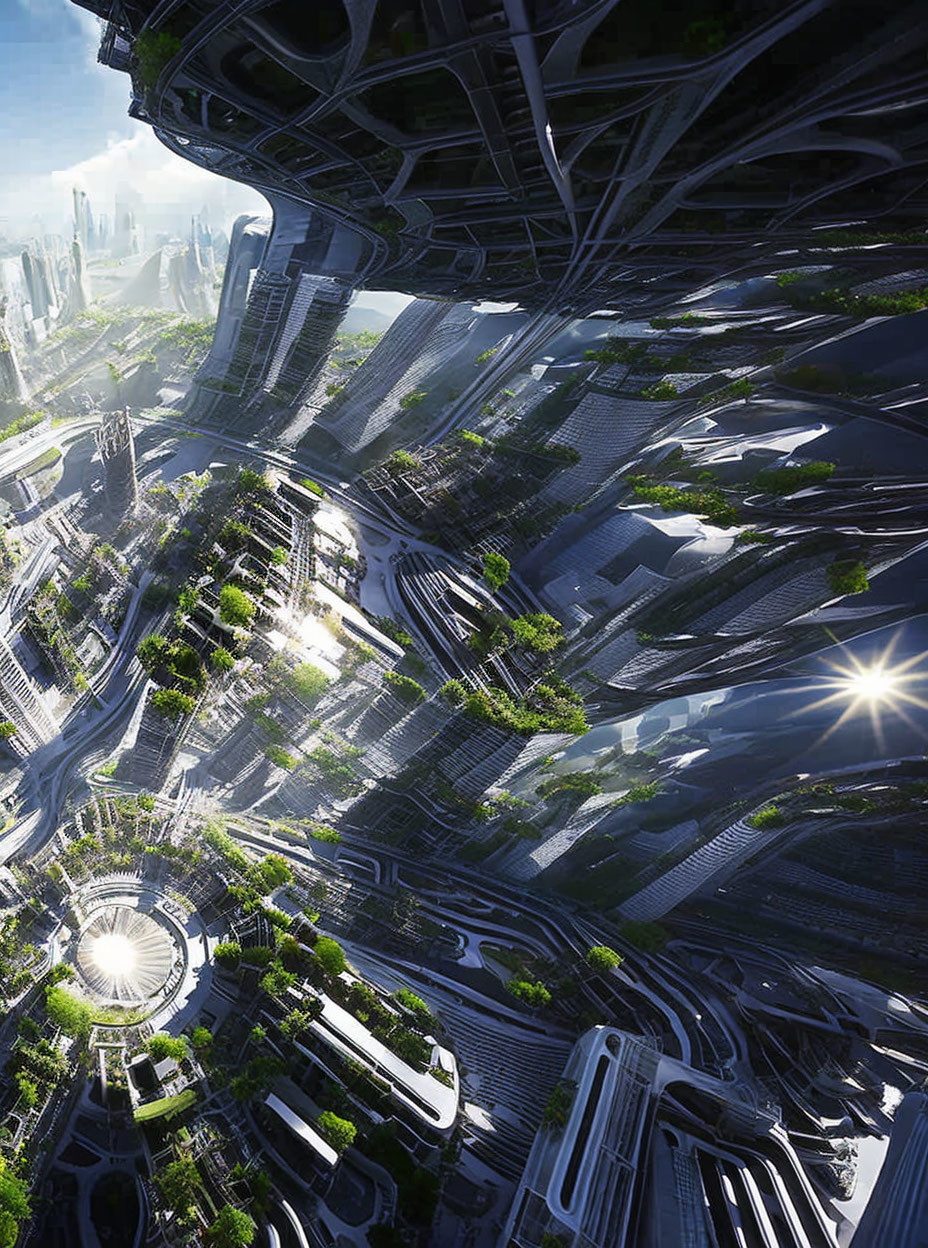 Futuristic cityscape with skyscrapers, greenery, and sun glare