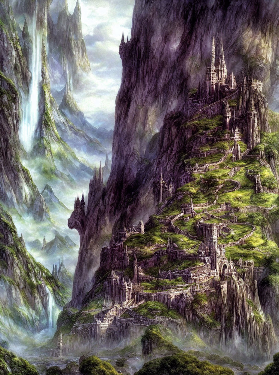 Fantasy landscape with castle, mountains, waterfalls, greenery