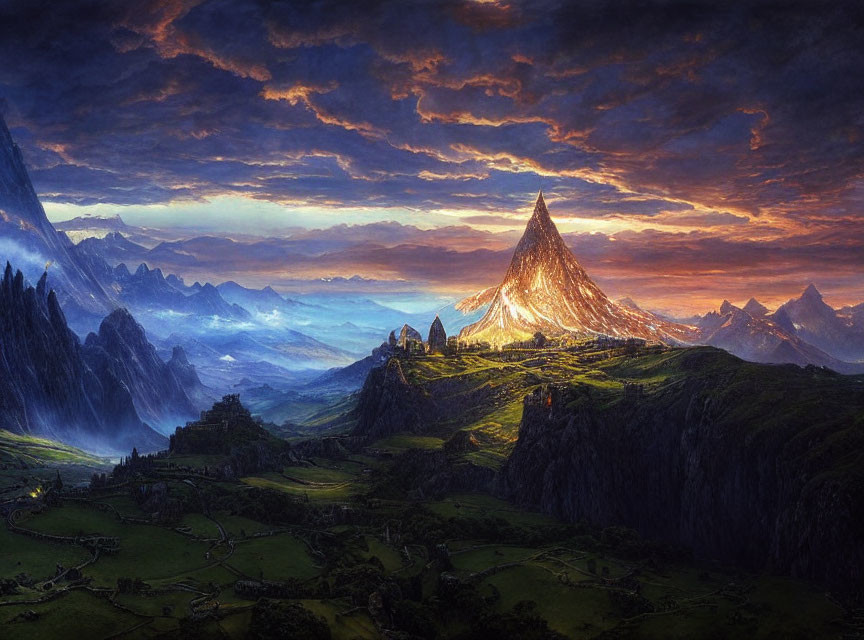 Fantasy landscape: Glowing volcanic mountain, dramatic sunset sky, cliffs, green valleys, distant castle