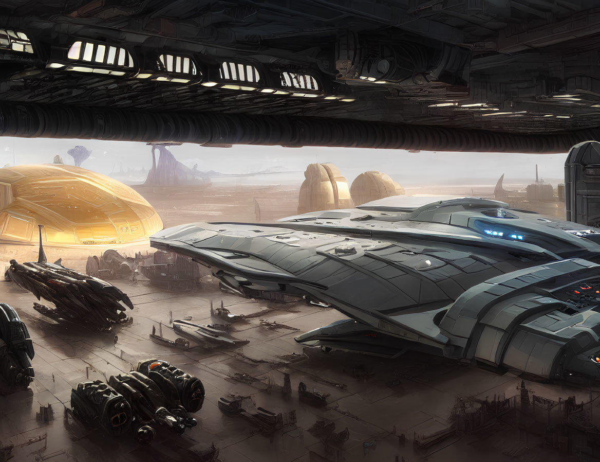 Futuristic hangar bay with spacecraft, vehicles, and people under metallic ceiling