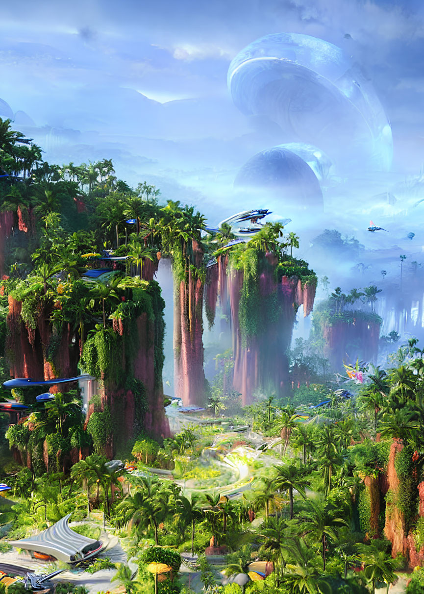 Futuristic jungle with waterfalls, cliffs, sci-fi structures, and flying vehicles