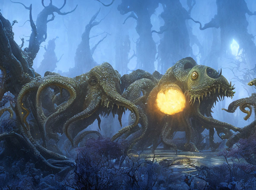 Glowing octopus-like creatures in misty forest with twisted trees