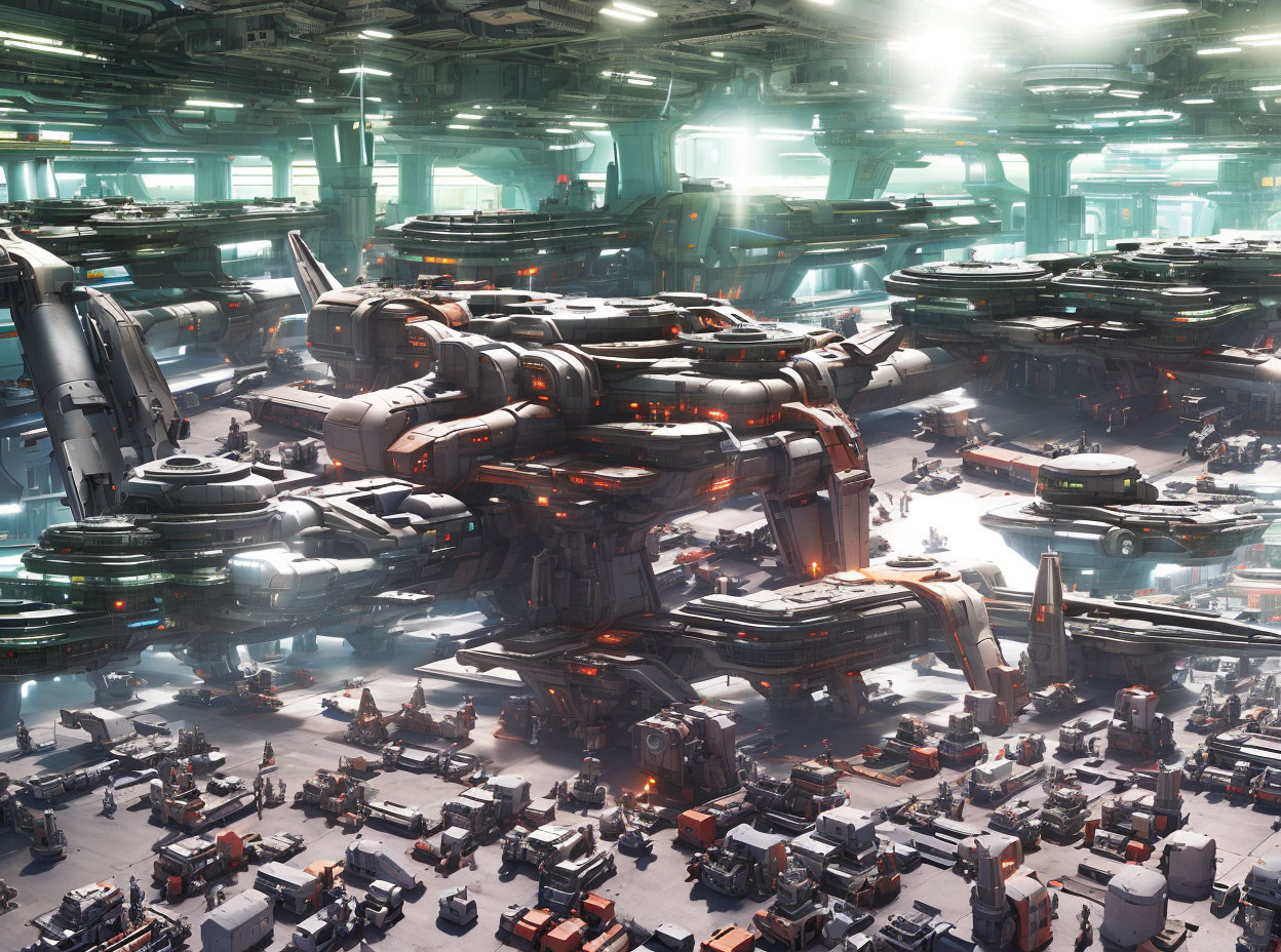 Multi-level futuristic spacecraft hangar with bustling activity and advanced technology.