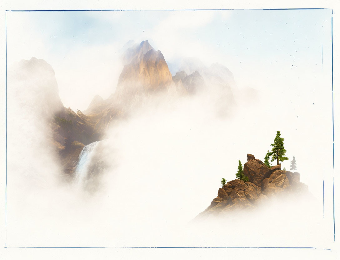 Majestic mountain scene with peak, waterfall, and trees