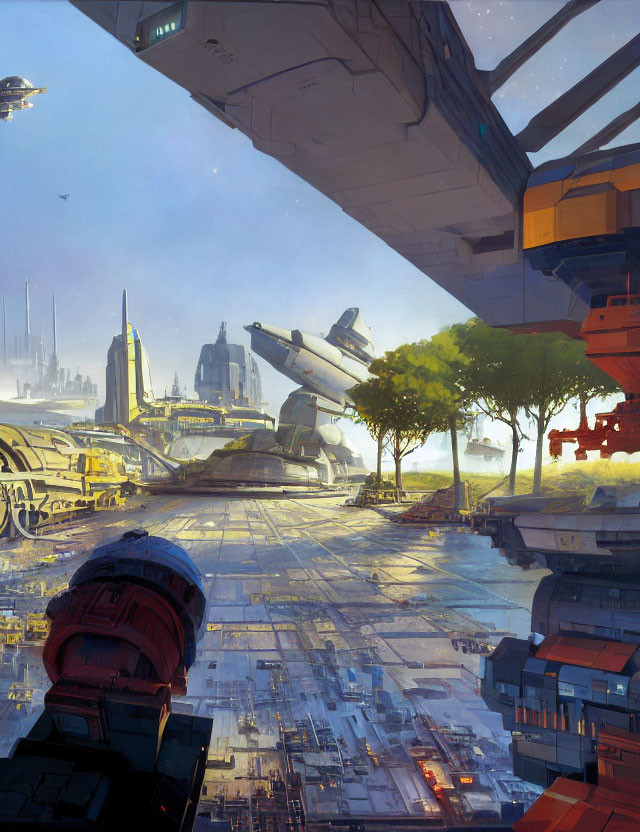 Detailed Futuristic Cityscape with Towering Structures and Flying Vehicles