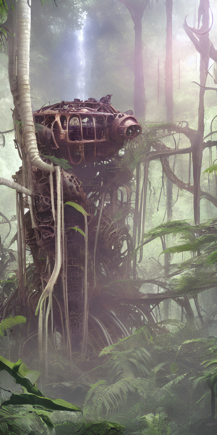 Abandoned futuristic vehicle in dense forest foliage