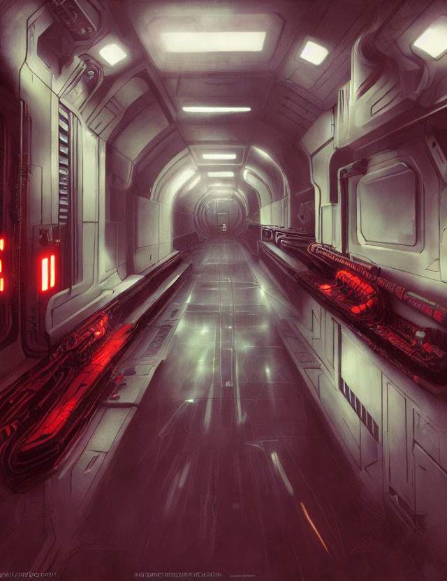 Futuristic dimly lit corridor with glowing red lights