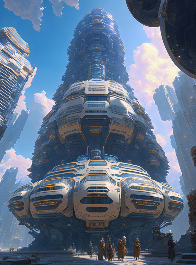 Futuristic cityscape with advanced spacecraft and onlookers.