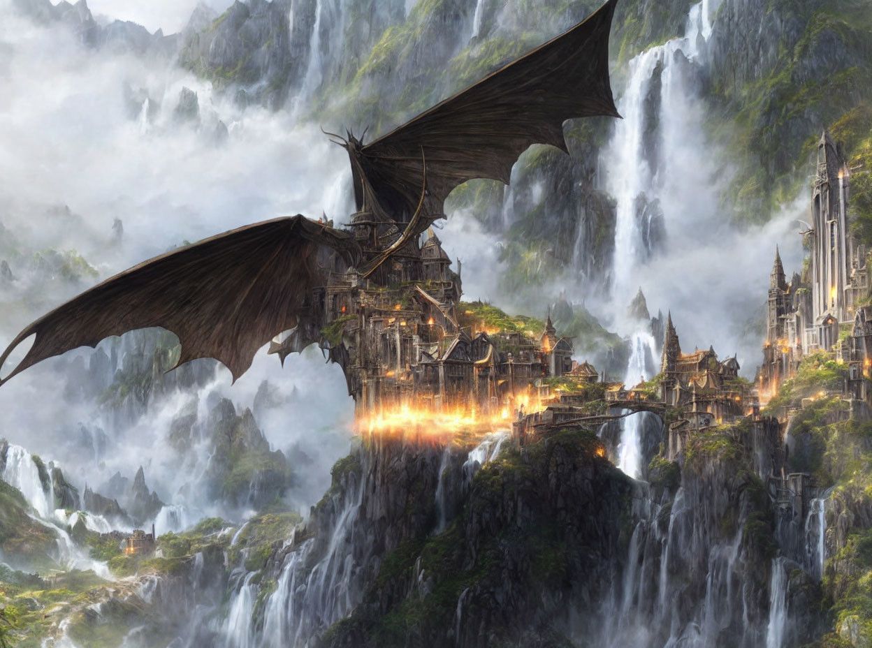 Fantasy castle scene with dragon, waterfalls, mountains, and fires