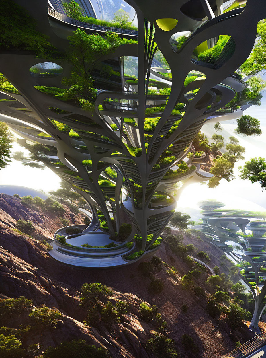 Interconnected futuristic tree structures in lush forest landscape