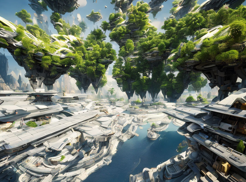 Futuristic city with floating islands and lush greenery