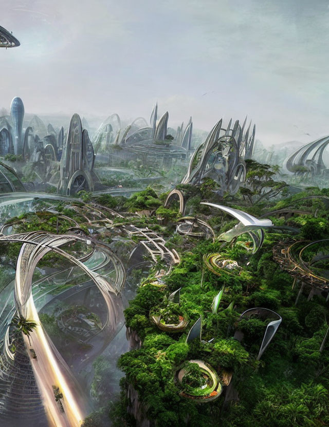 Futuristic cityscape with organic architecture and elevated roadways in lush green setting.