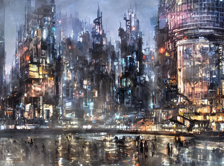 Futuristic night cityscape with tall illuminated skyscrapers