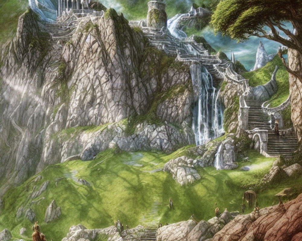 Fantastical landscape with waterfalls, castles, tree, and wandering figures