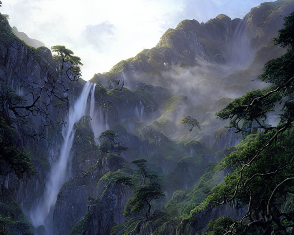 Majestic waterfall in serene landscape with lush greenery