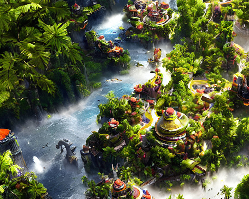 Lush jungle landscape with waterfalls and futuristic hovercraft