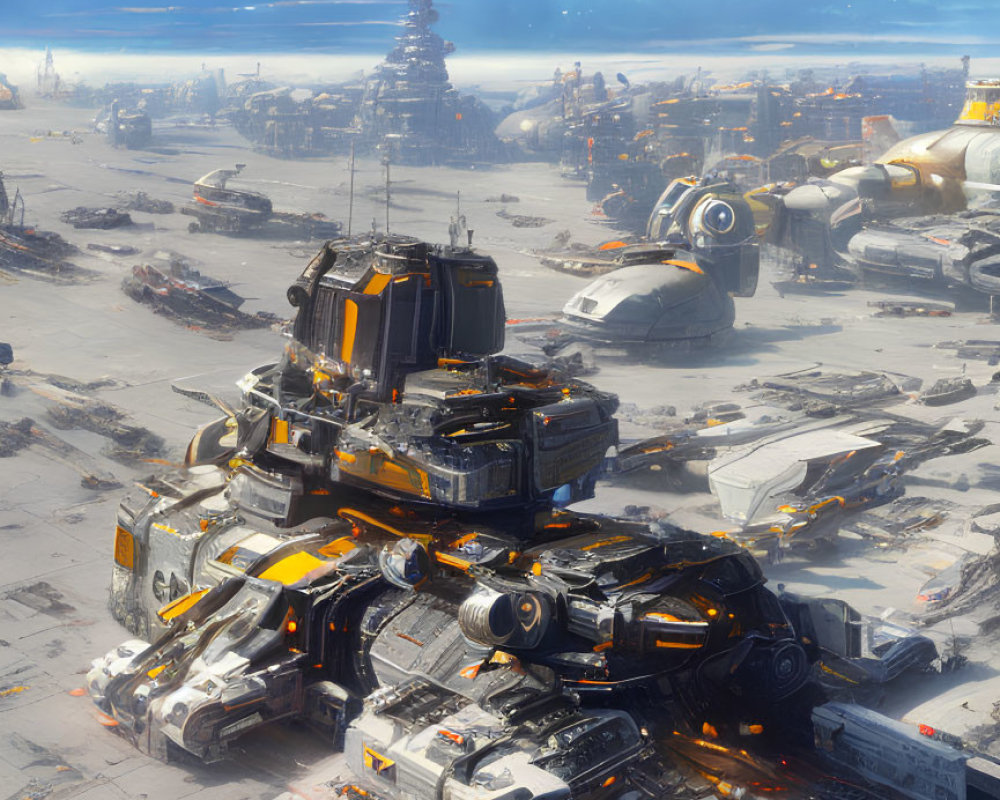 Futuristic industrial landscape with massive robots and multiple planets in the sky