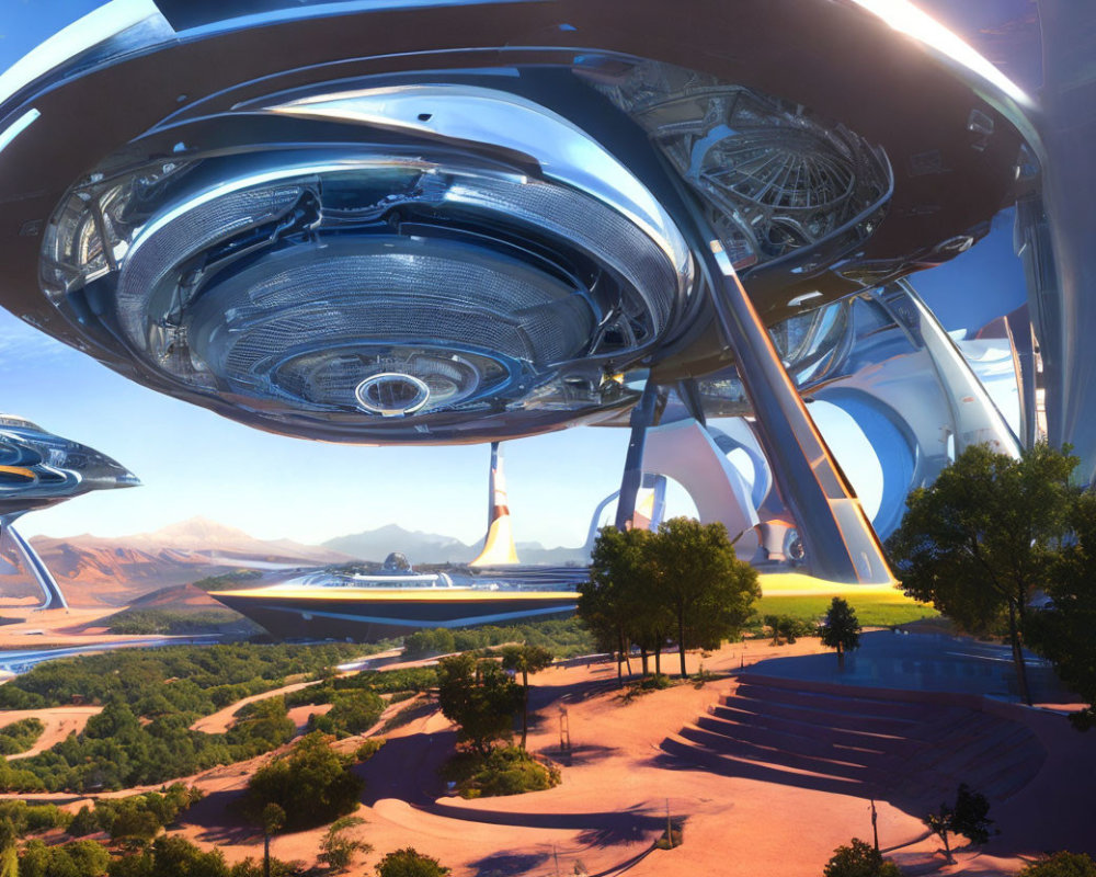 Futuristic cityscape with sleek structures and flying vehicles