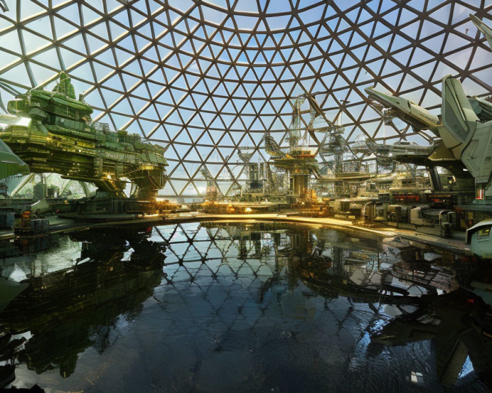 Futuristic large dome with geometric glass ceiling and advanced machinery.