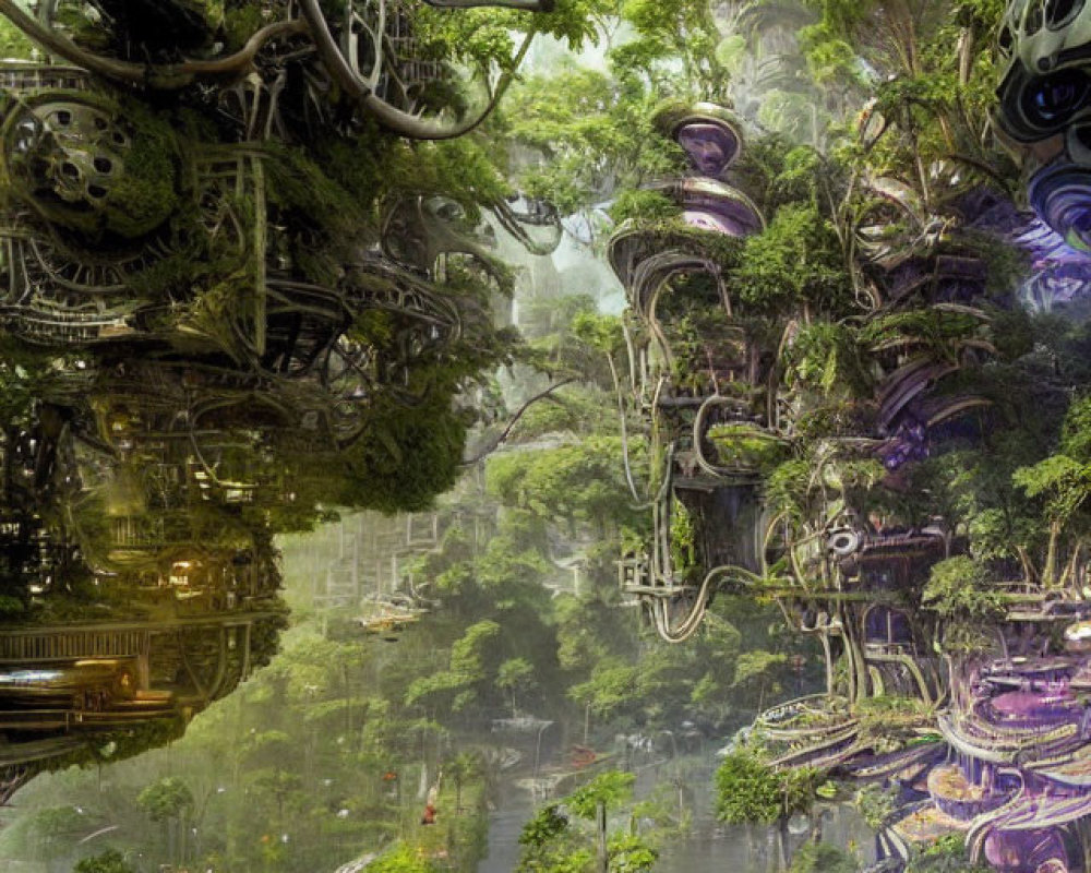 Futuristic jungle with organic structures and vibrant greenery