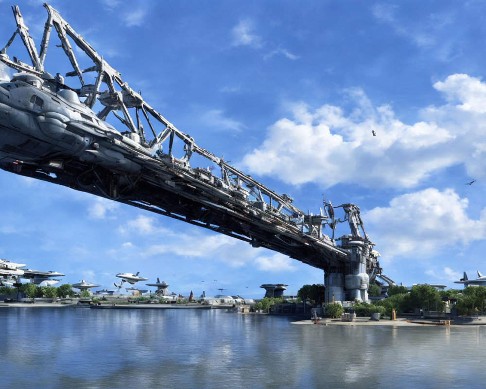 Futuristic bridge over water with sleek structures and flying vehicles in clear blue sky