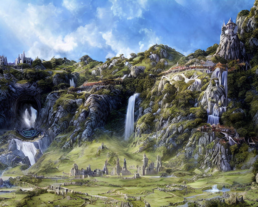 Fantastical landscape with castle, waterfalls, village, and lush greenery