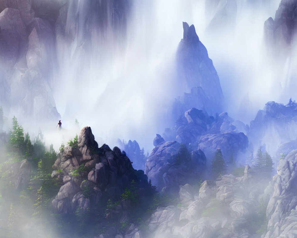 Person on Cliff Edge Surrounded by Misty Mountains, Rocks, Greenery, and Waterfall