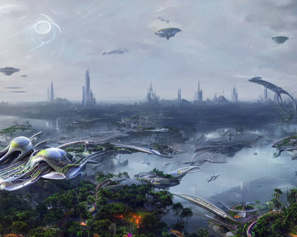 Futuristic cityscape with organic architecture and flying vehicles