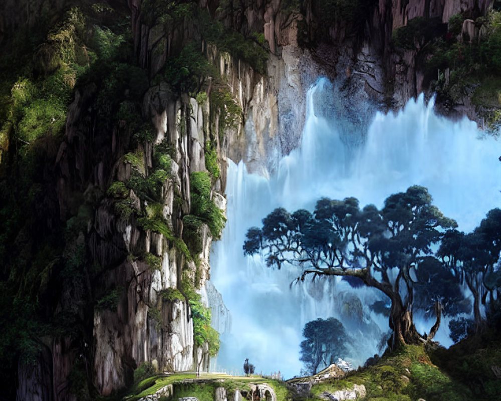 Majestic waterfall, ancient bridges, lush greenery: a fantastical landscape