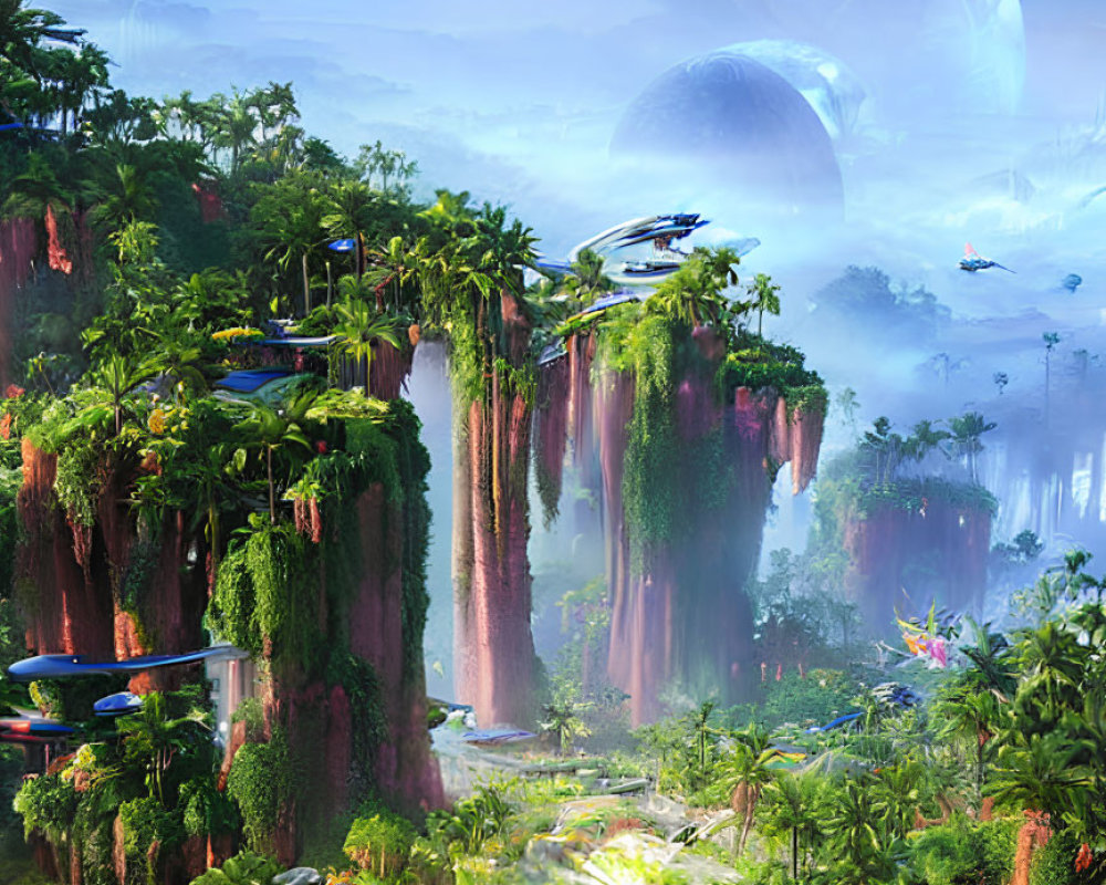 Futuristic jungle with waterfalls, cliffs, sci-fi structures, and flying vehicles