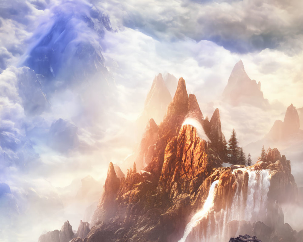 Sunlit mountain peaks with cascading waterfalls and swirling clouds