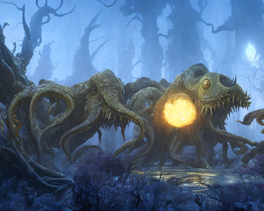 Glowing octopus-like creatures in misty forest with twisted trees