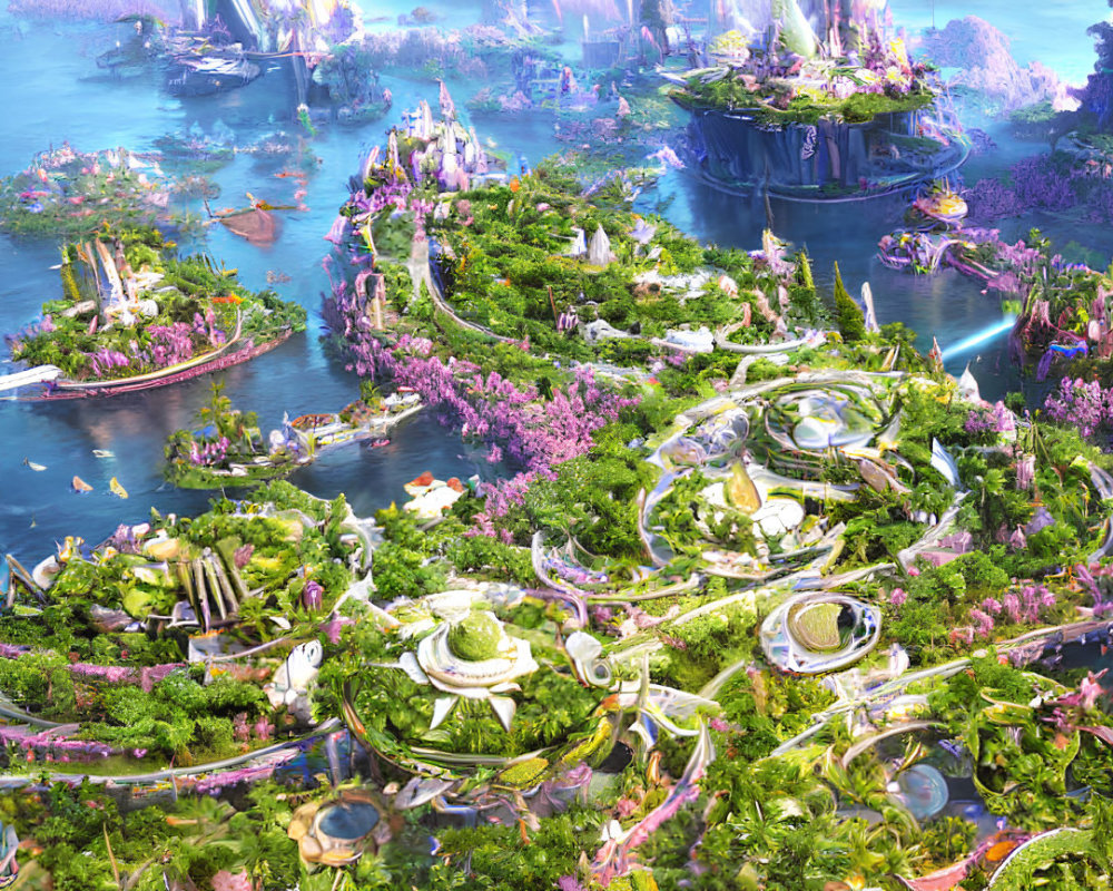 Futuristic cityscape with greenery, floating islands, and crystal-clear water.