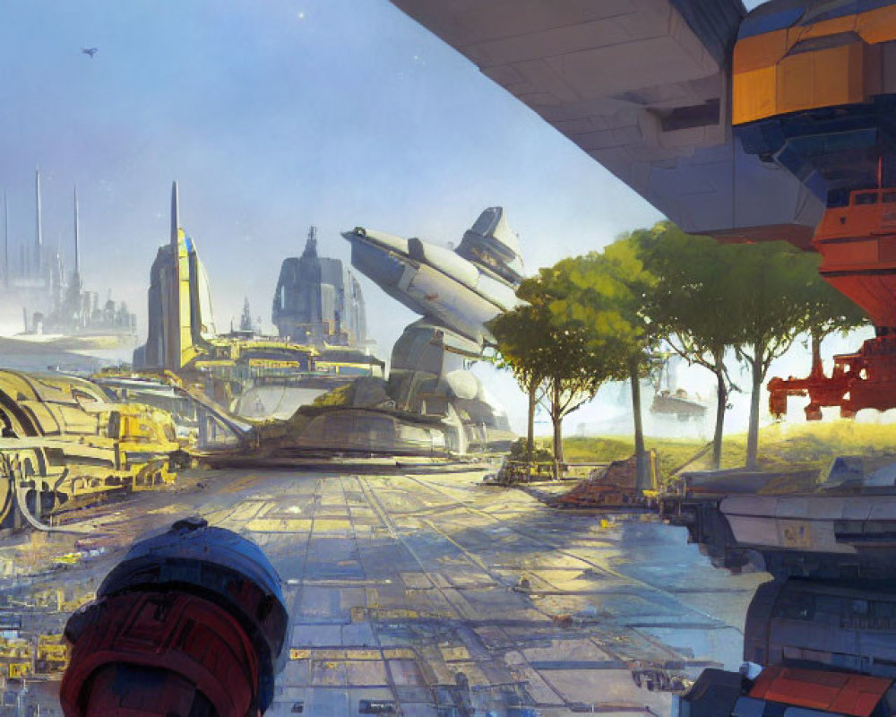 Detailed Futuristic Cityscape with Towering Structures and Flying Vehicles