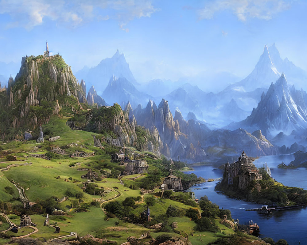 Fantastical landscape with castle, green hills, and snowy mountains