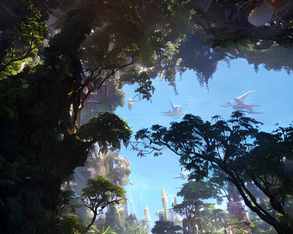 Lush Jungle with Futuristic Buildings and Flying Craft