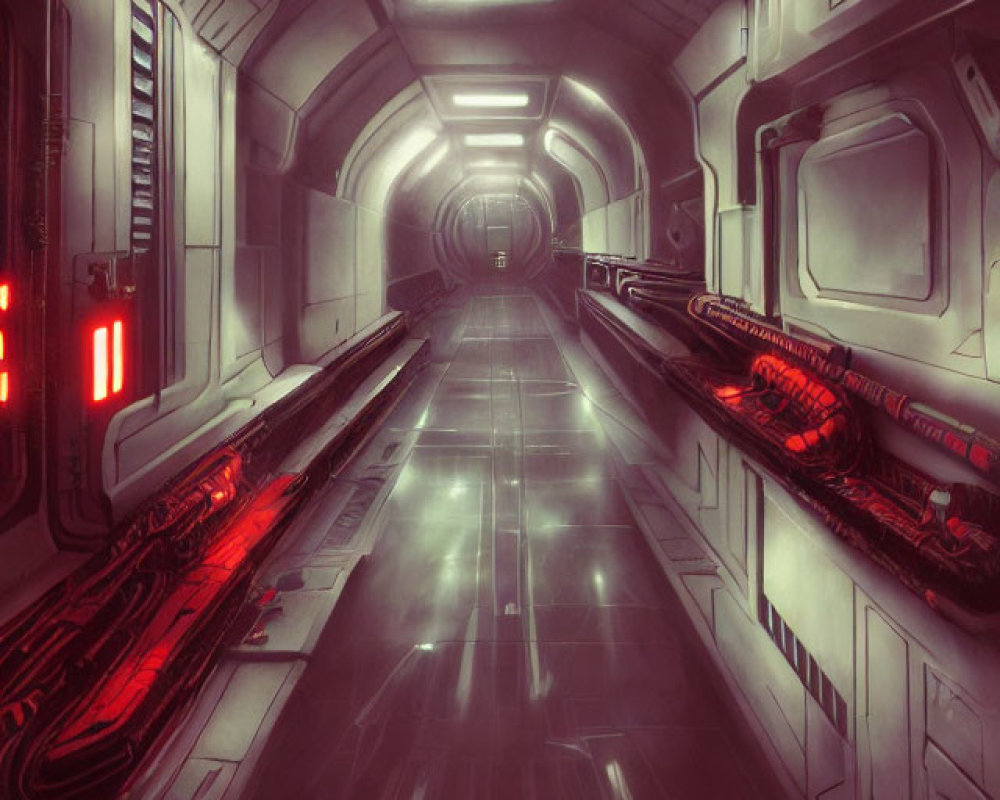 Futuristic dimly lit corridor with glowing red lights