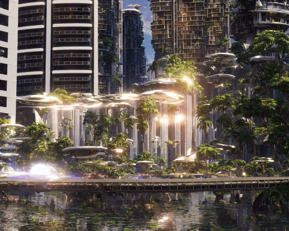 Futuristic cityscape with vertical gardens and glowing structures at dusk